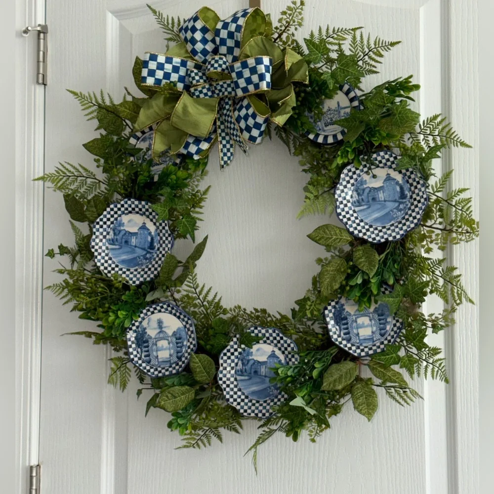 New MacKenzie-Childs Fern Royal Blue Check Toile Plate Door Wreath Rare Style - Picture 3 of 5